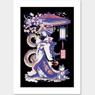 Japanese Girl With Dragon and Cats T-Shirt 07 Posters and Art